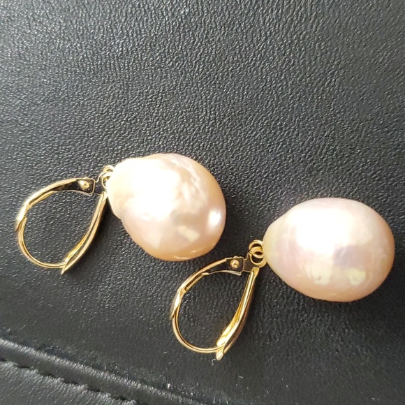 14K Gold Asian South Sea Baroque Pearl Dangle Earrings - Picture 3 of 6